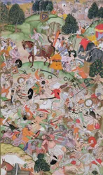 Akbar hilft bei der Auseinandersetzung der Asketen, aus dem Akbarnama, Mughal, ca. 1590-95